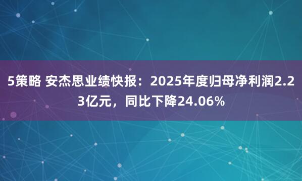 5策略 安杰思业绩快报：2025年度归母净利润2.23亿元，同比下降24.06%